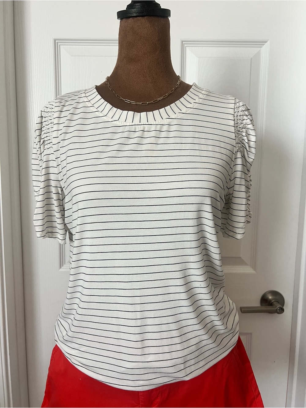 Striped Ruched Short Sleeve Tee — White/Black